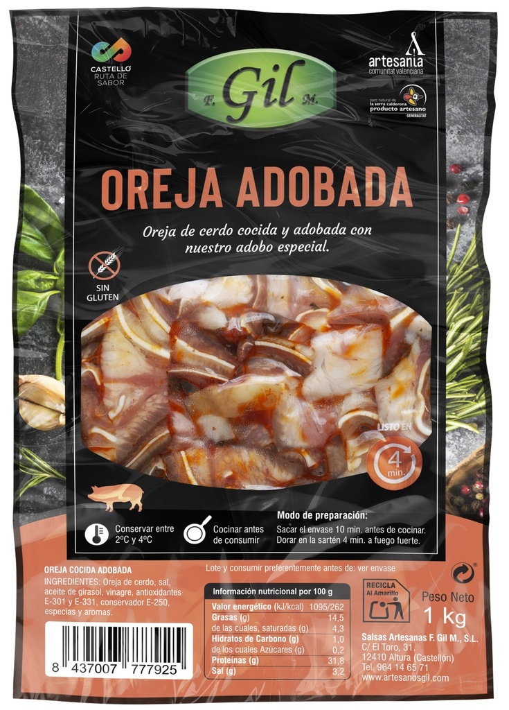 OREJA CERDO COCIDA TROCEADA ADOBADA GIL 1000GR